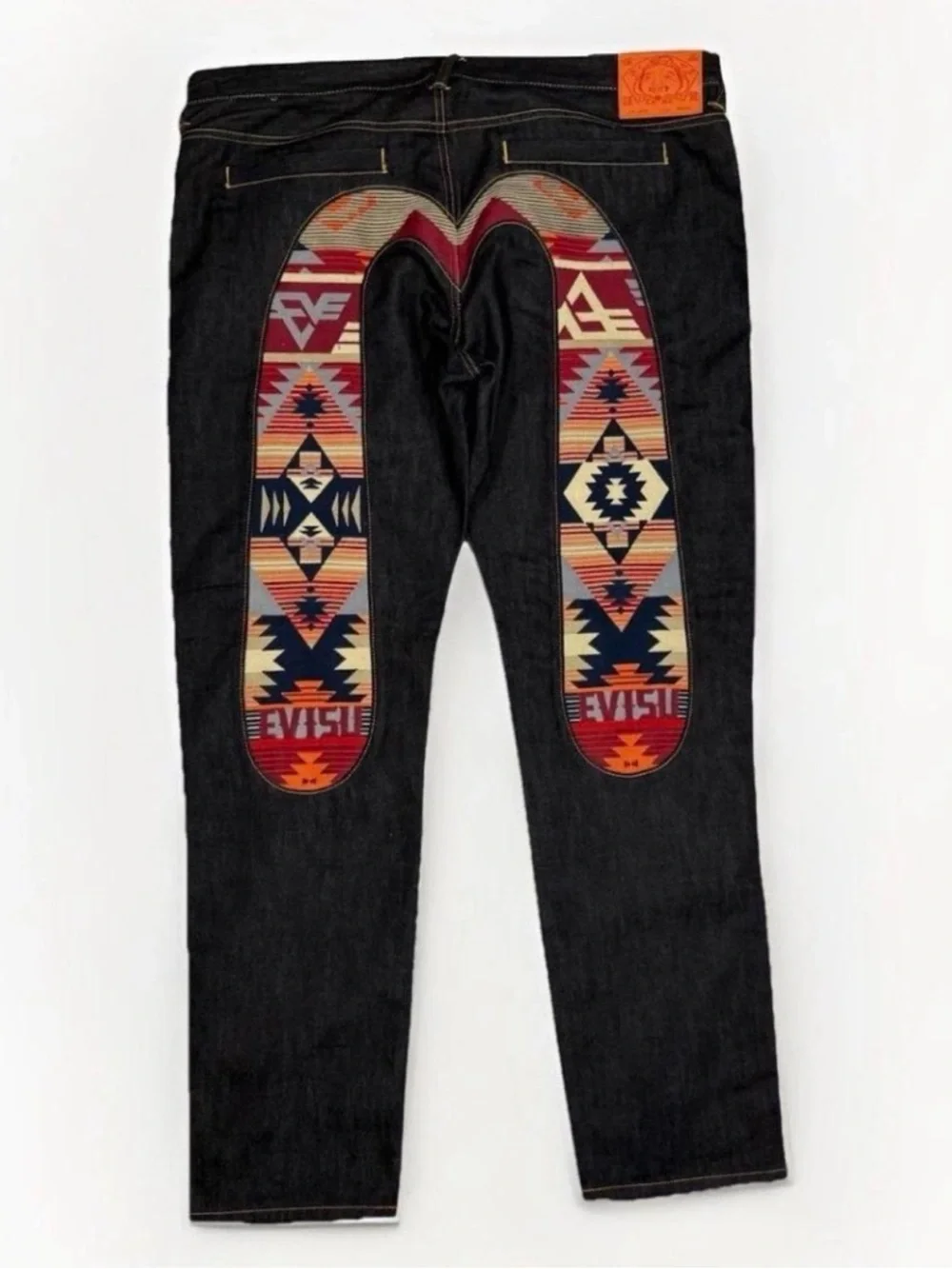 Evisu Black Straight Jeans with Southwestern Panel Accents